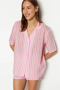 TRENDYOLMİLLA Pink Striped Viscose Tops Wide Pattern OF shorts Weaving Pajama Set - Image 2