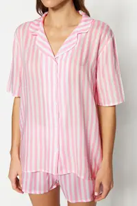 TRENDYOLMİLLA Pink Striped Viscose Tops Wide Pattern OF shorts Weaving Pajama Set - Image 4