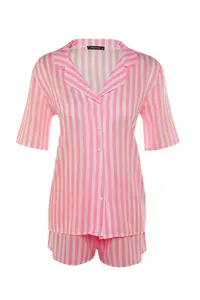 TRENDYOLMİLLA Pink Striped Viscose Tops Wide Pattern OF shorts Weaving Pajama Set - Image 6