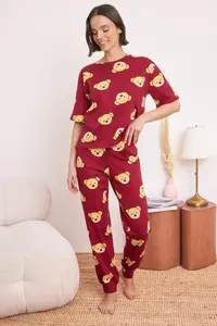 TRENDYOLMİLLA Burgundy 100% Cotton Teddy Bear Knitting Pajama Set