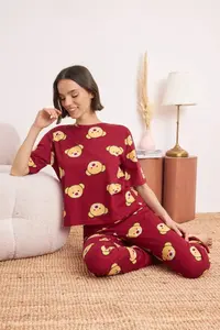 TRENDYOLMİLLA Burgundy 100% Cotton Teddy Bear Knitting Pajama Set - Image 2
