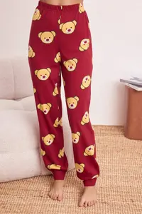 TRENDYOLMİLLA Burgundy 100% Cotton Teddy Bear Knitting Pajama Set - Image 3