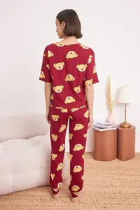 TRENDYOLMİLLA Burgundy 100% Cotton Teddy Bear Knitting Pajama Set - Image 4