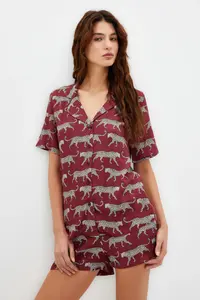 TRENDYOLMİLLA Burgundy Patterned Viscose OF shorts Weaving Pajama Set - Image 3