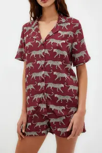 TRENDYOLMİLLA Burgundy Patterned Viscose OF shorts Weaving Pajama Set - Image 4