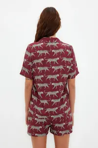 TRENDYOLMİLLA Burgundy Patterned Viscose OF shorts Weaving Pajama Set - Image 5