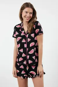 TRENDYOLMİLLA Women Couple Black 100% Cotton Watermelon Patterned Frilly OF shorts Knitting Pajama Set - Image 2
