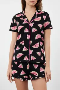 TRENDYOLMİLLA Women Couple Black 100% Cotton Watermelon Patterned Frilly OF shorts Knitting Pajama Set - Image 4