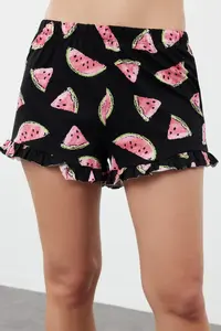 TRENDYOLMİLLA Women Couple Black 100% Cotton Watermelon Patterned Frilly OF shorts Knitting Pajama Set - Image 5
