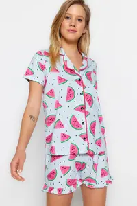 TRENDYOLMİLLA Light Blue 100% Cotton Karpuz Patterned Frilly OF shorts Knitting Pajama Set - Image 2