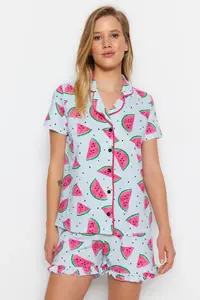 TRENDYOLMİLLA Light Blue 100% Cotton Karpuz Patterned Frilly OF shorts Knitting Pajama Set - Image 6