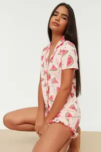 TRENDYOLMİLLA Pink 100% Cotton Karpuz Patterned Frilly OF shorts Knitting Pajama Set - Image 2
