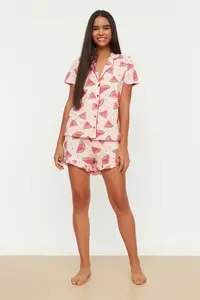 TRENDYOLMİLLA Pink 100% Cotton Karpuz Patterned Frilly OF shorts Knitting Pajama Set - Image 3