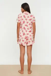 TRENDYOLMİLLA Pink 100% Cotton Karpuz Patterned Frilly OF shorts Knitting Pajama Set - Image 6