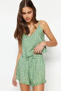TRENDYOLMİLLA MINT Polka Dot Ruffle Detailed Rope Sleeveless Viscose OF shorts Weaving Pajama Set - Image 2