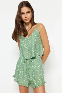 TRENDYOLMİLLA MINT Polka Dot Ruffle Detailed Rope Sleeveless Viscose OF shorts Weaving Pajama Set - Image 3