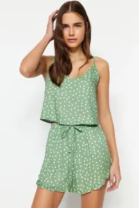 TRENDYOLMİLLA MINT Polka Dot Ruffle Detailed Rope Sleeveless Viscose OF shorts Weaving Pajama Set - Image 4
