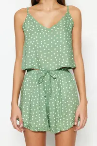 TRENDYOLMİLLA MINT Polka Dot Ruffle Detailed Rope Sleeveless Viscose OF shorts Weaving Pajama Set - Image 6