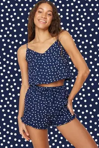 TRENDYOLMİLLA Navy Blue Polka Dot Ruffle Detailed Rope Sleeveless Viscose OF shorts Weaving Pajama Set