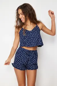 TRENDYOLMİLLA Navy Blue Polka Dot Ruffle Detailed Rope Sleeveless Viscose OF shorts Weaving Pajama Set - Image 2