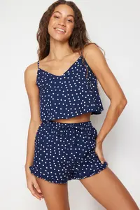 TRENDYOLMİLLA Navy Blue Polka Dot Ruffle Detailed Rope Sleeveless Viscose OF shorts Weaving Pajama Set - Image 3