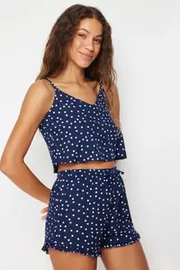 TRENDYOLMİLLA Navy Blue Polka Dot Ruffle Detailed Rope Sleeveless Viscose OF shorts Weaving Pajama Set - Image 4