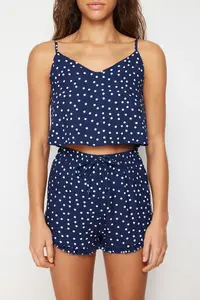 TRENDYOLMİLLA Navy Blue Polka Dot Ruffle Detailed Rope Sleeveless Viscose OF shorts Weaving Pajama Set - Image 5