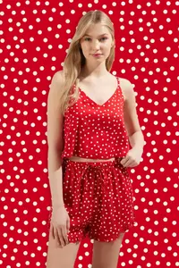 TRENDYOLMİLLA Red Polka Dot Ruffle Detailed Rope Sleeveless Viscose OF shorts Weaving Pajama Set