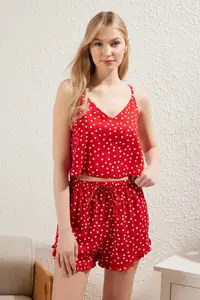 TRENDYOLMİLLA Red Polka Dot Ruffle Detailed Rope Sleeveless Viscose OF shorts Weaving Pajama Set - Image 2