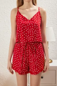 TRENDYOLMİLLA Red Polka Dot Ruffle Detailed Rope Sleeveless Viscose OF shorts Weaving Pajama Set - Image 4