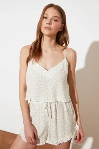 TRENDYOLMİLLA White Polka Dot Ruffle Detailed Rope Sleeveless Viscose OF shorts Weaving Pajama Set - Image 2