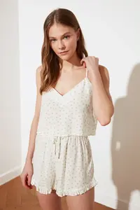 TRENDYOLMİLLA White Polka Dot Ruffle Detailed Rope Sleeveless Viscose OF shorts Weaving Pajama Set - Image 4