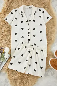 TRENDYOLMİLLA Ecru-Multicolored 100% Cotton Kalpli OF shorts Knitting Pajama Set - Image 5