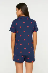 TRENDYOLMİLLA Navy Blue 100% Cotton Kalpli OF shorts Knitting Pajama Set - Image 4