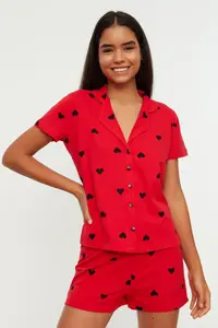 TRENDYOLMİLLA Red 100% Cotton Kalpli OF shorts Knitting Pajama Set