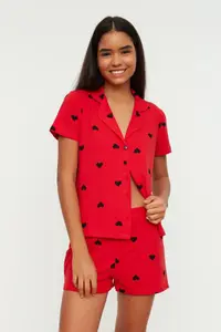 TRENDYOLMİLLA Red 100% Cotton Kalpli OF shorts Knitting Pajama Set - Image 3