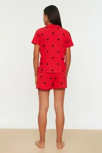 TRENDYOLMİLLA Red 100% Cotton Kalpli OF shorts Knitting Pajama Set - Image 5