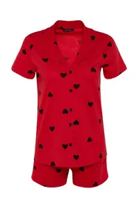 TRENDYOLMİLLA Red 100% Cotton Kalpli OF shorts Knitting Pajama Set - Image 6
