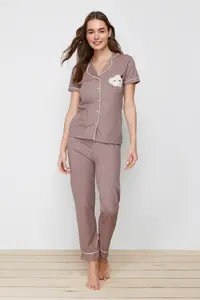 TRENDYOLMİLLA Mink Printed Shirt-Pants Knitting Pajama Set - Image 2