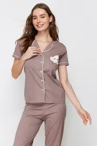 TRENDYOLMİLLA Mink Printed Shirt-Pants Knitting Pajama Set - Image 3
