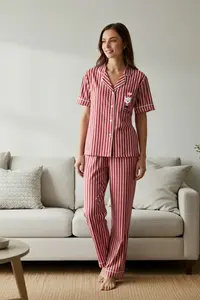 TRENDYOLMİLLA Pink Striped Hayvan Printed Shirt-Pants Knitting Pajama Set - Image 2