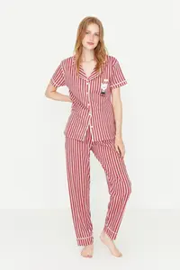 TRENDYOLMİLLA Pink Striped Hayvan Printed Shirt-Pants Knitting Pajama Set - Image 3