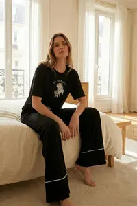 TRENDYOLMİLLA Black 100% Cotton Fun Printed Bias Detailed Knitting Pajama Set