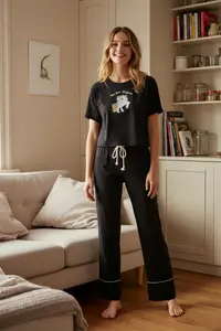 TRENDYOLMİLLA Black 100% Cotton Fun Printed Bias Detailed Knitting Pajama Set - Image 3