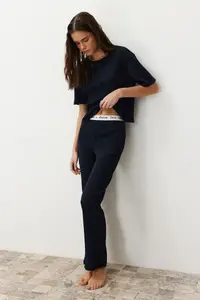 TRENDYOLMİLLA Navy Blue Slogan Printed Tire Detailed Ribbed T-Shirt-Pants Knitting Pajamas