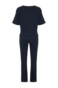 TRENDYOLMİLLA Navy Blue Slogan Printed Tire Detailed Ribbed T-Shirt-Pants Knitting Pajamas - Image 10