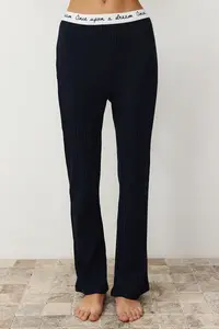 TRENDYOLMİLLA Navy Blue Slogan Printed Tire Detailed Ribbed T-Shirt-Pants Knitting Pajamas - Image 5