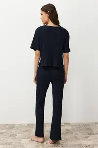 TRENDYOLMİLLA Navy Blue Slogan Printed Tire Detailed Ribbed T-Shirt-Pants Knitting Pajamas - Image 6