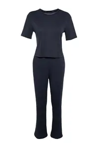 TRENDYOLMİLLA Navy Blue Slogan Printed Tire Detailed Ribbed T-Shirt-Pants Knitting Pajamas - Image 7