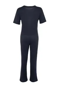 TRENDYOLMİLLA Navy Blue Slogan Printed Tire Detailed Ribbed T-Shirt-Pants Knitting Pajamas - Image 8